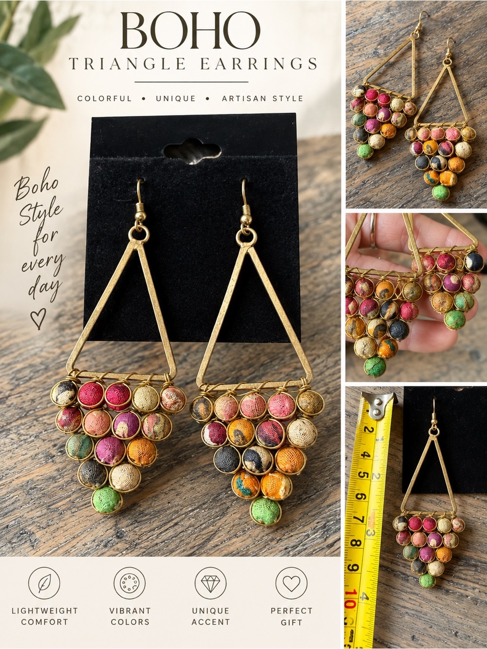 Multicolor Fabric Button Triangle Drop Earrings